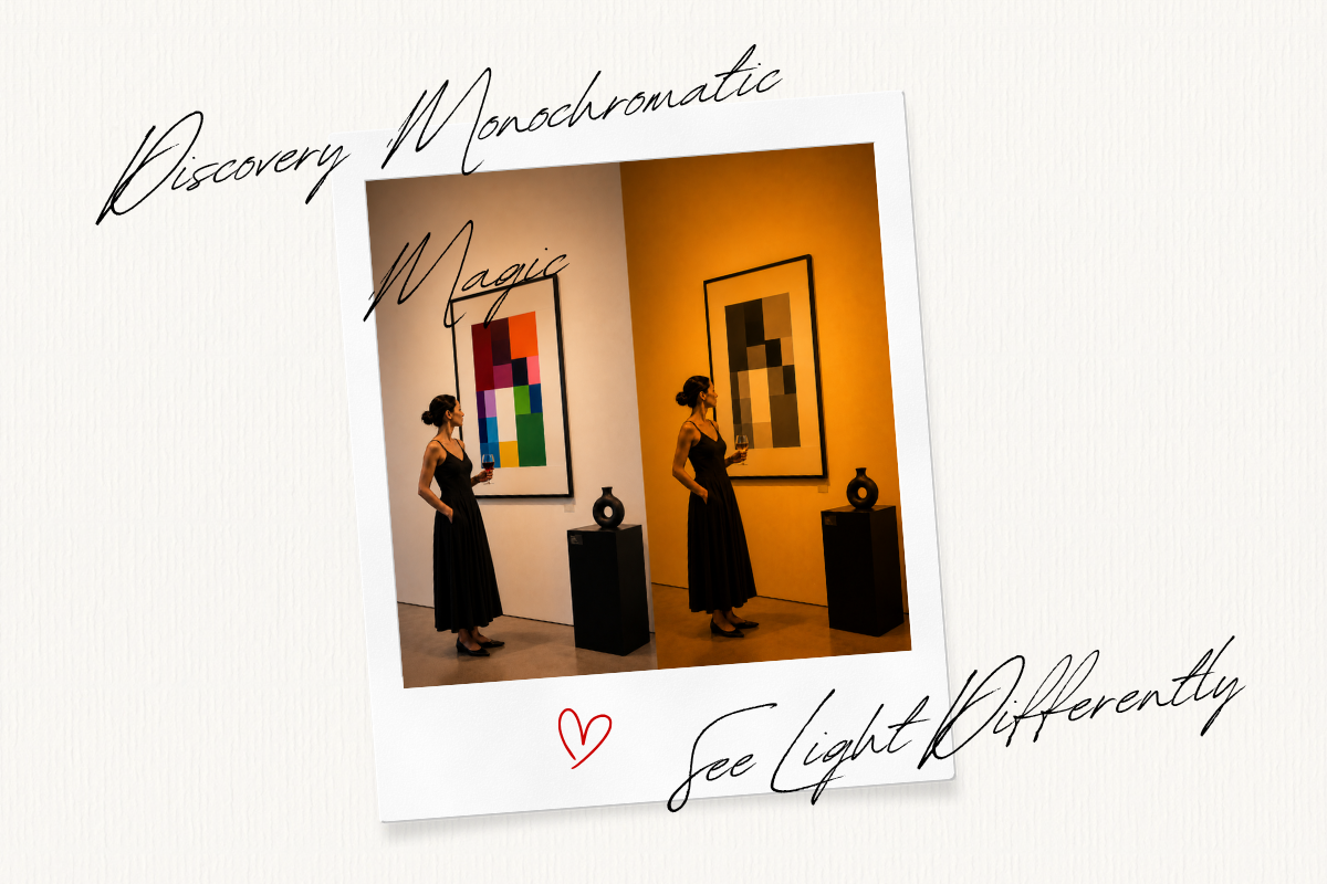 Two women in black dresses standing in a room with framed artwork, text overlay about monochromatic magic.