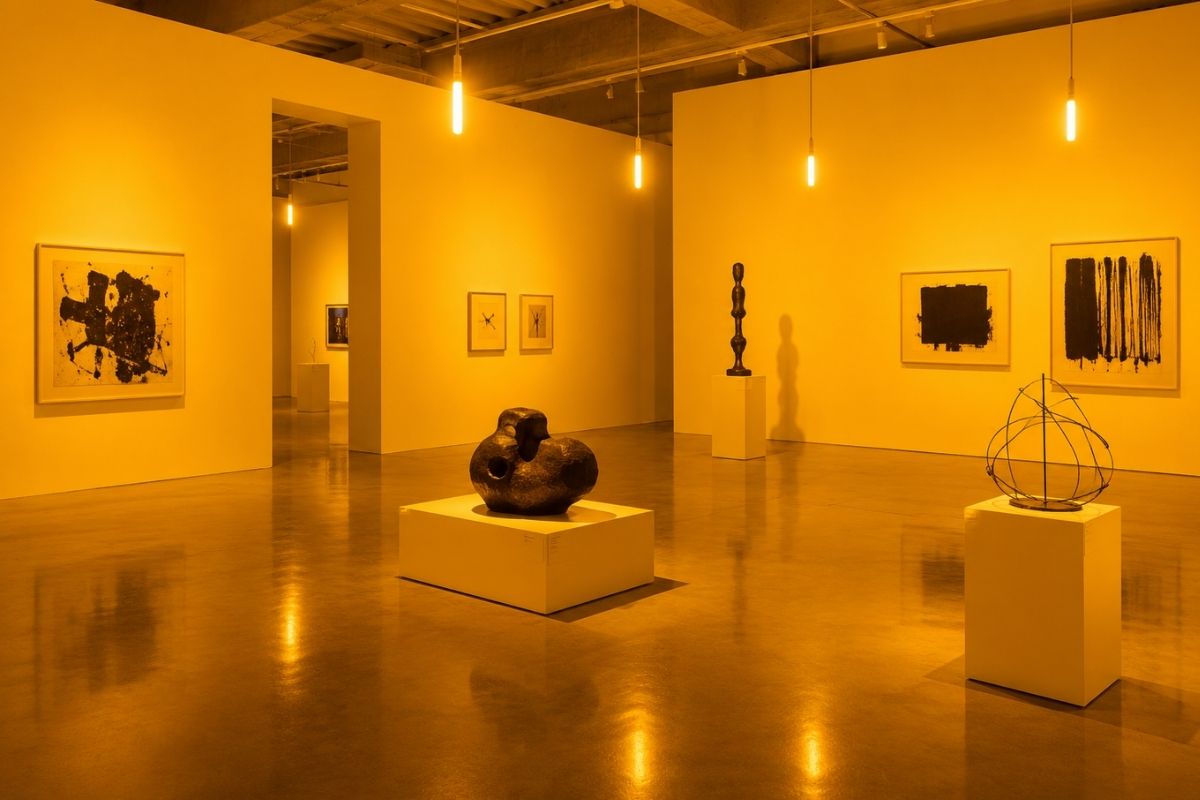 Art gallery with sculptures and abstract paintings on white walls.