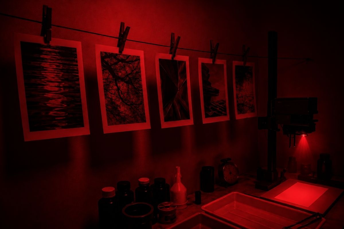 Dark room with framed prints on a string, red light illuminating the scene.