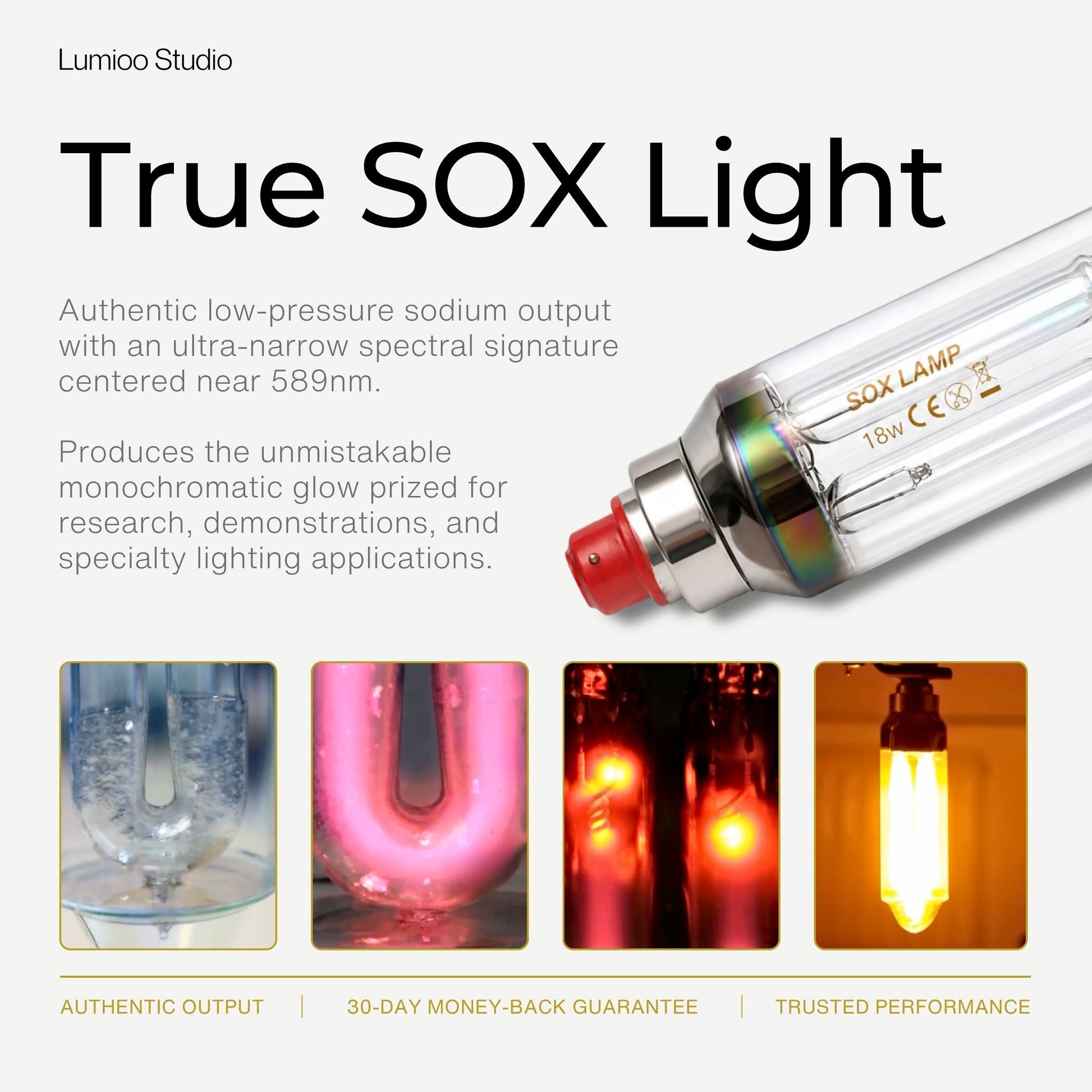 Lumino Studio True SOX Light 18w with product details and color demonstrations on a white background