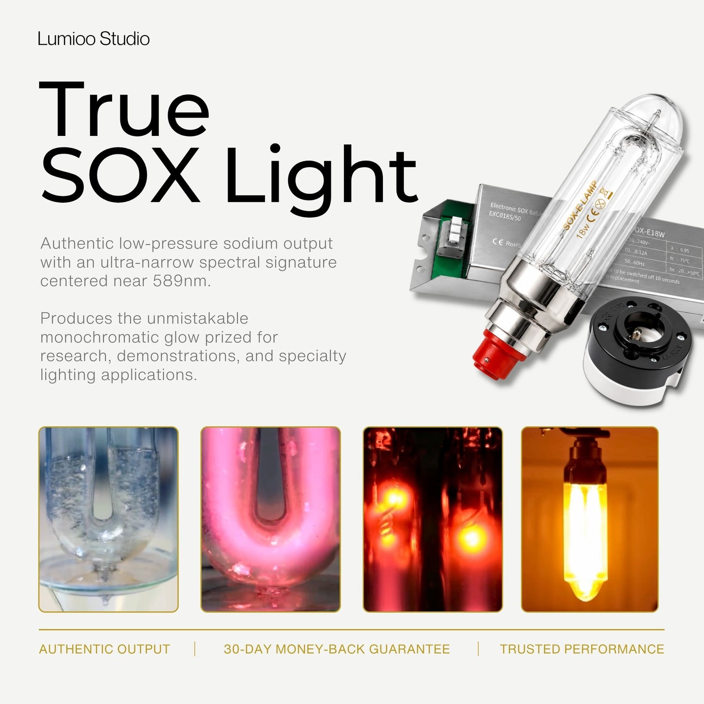 Lumino Studio True SOX Lamp 18w bundle with product details and color examples on a white background