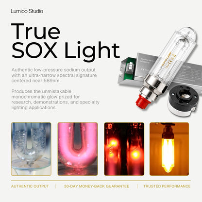Lumino Studio True SOX Lamp 18w bundle with product details and color examples on a white background