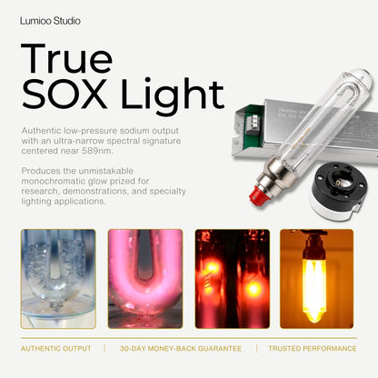 Lumino Studio True SOX Lamp 35w with product and application examples on a white background