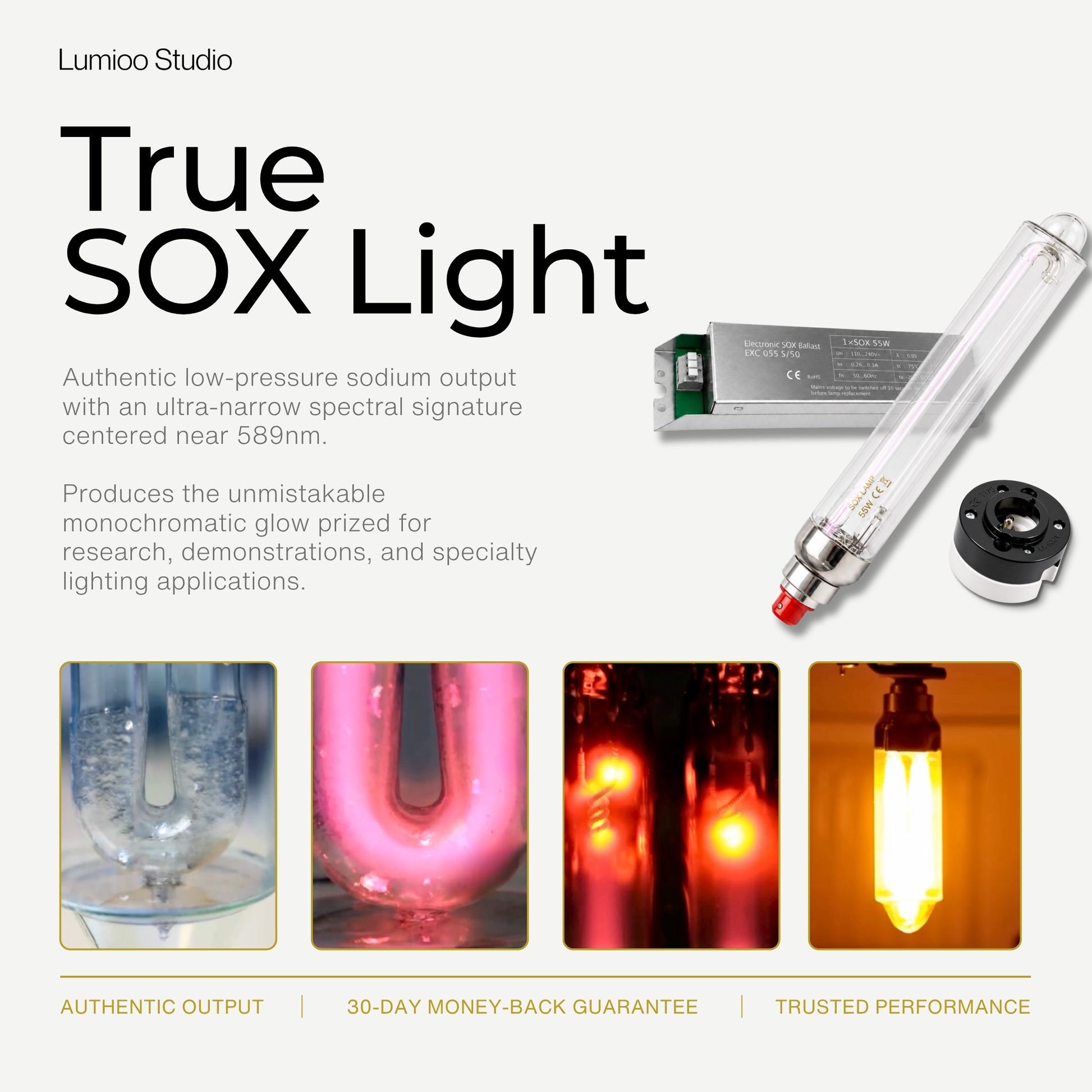 Advertisement for True SOX Lamp 55w with product and application examples on a white background.