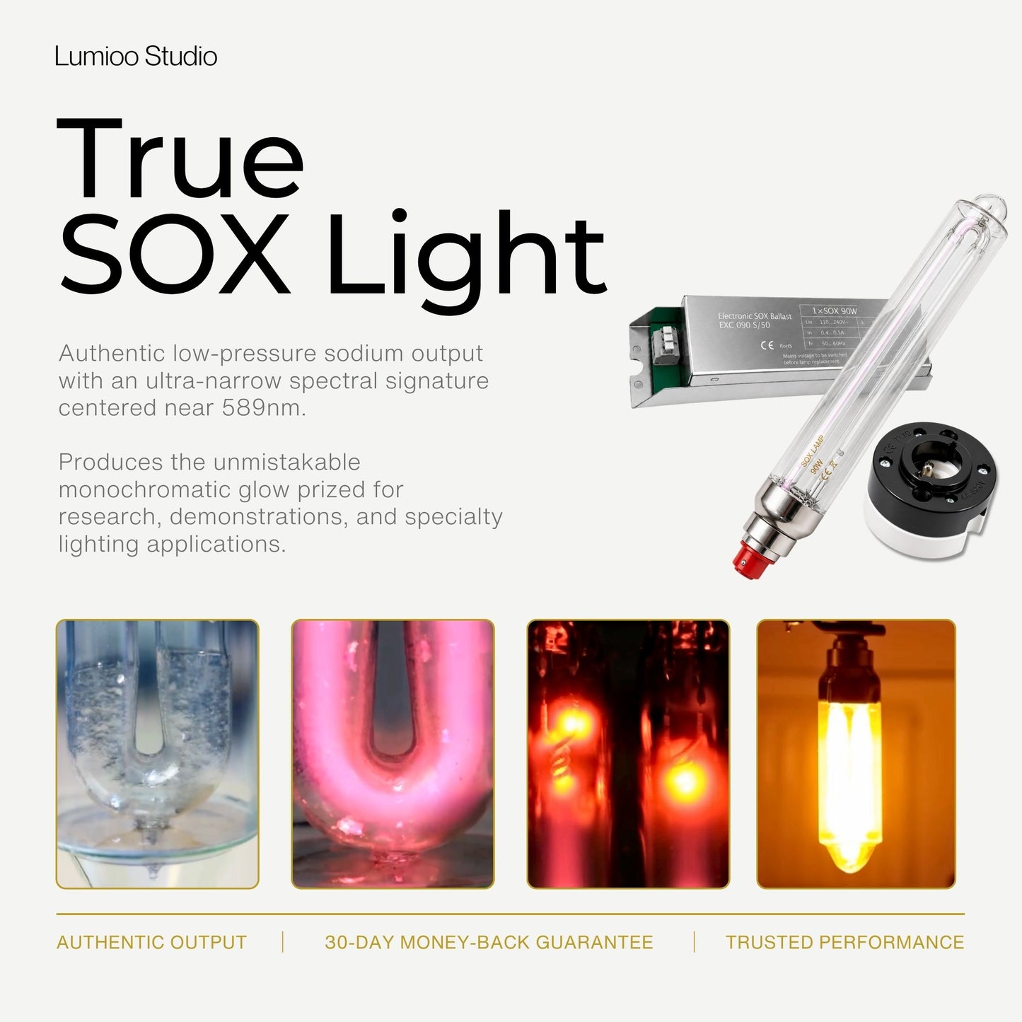Advertisement for True SOX Lamp 90w with product and application examples on a white background.