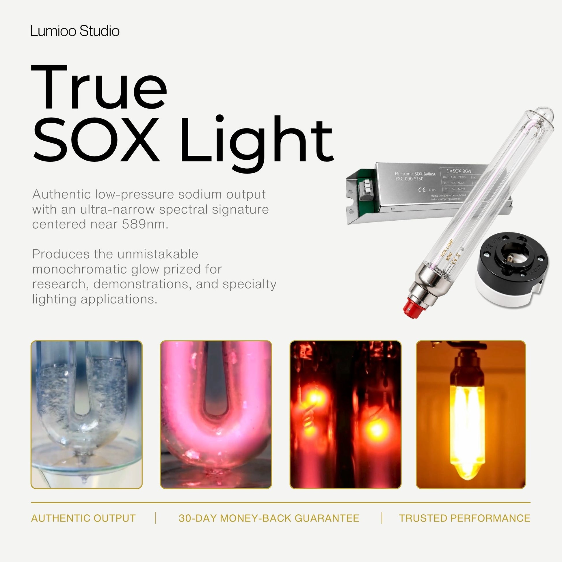 Advertisement for True SOX Lamp 90w with product and application examples on a white background.
