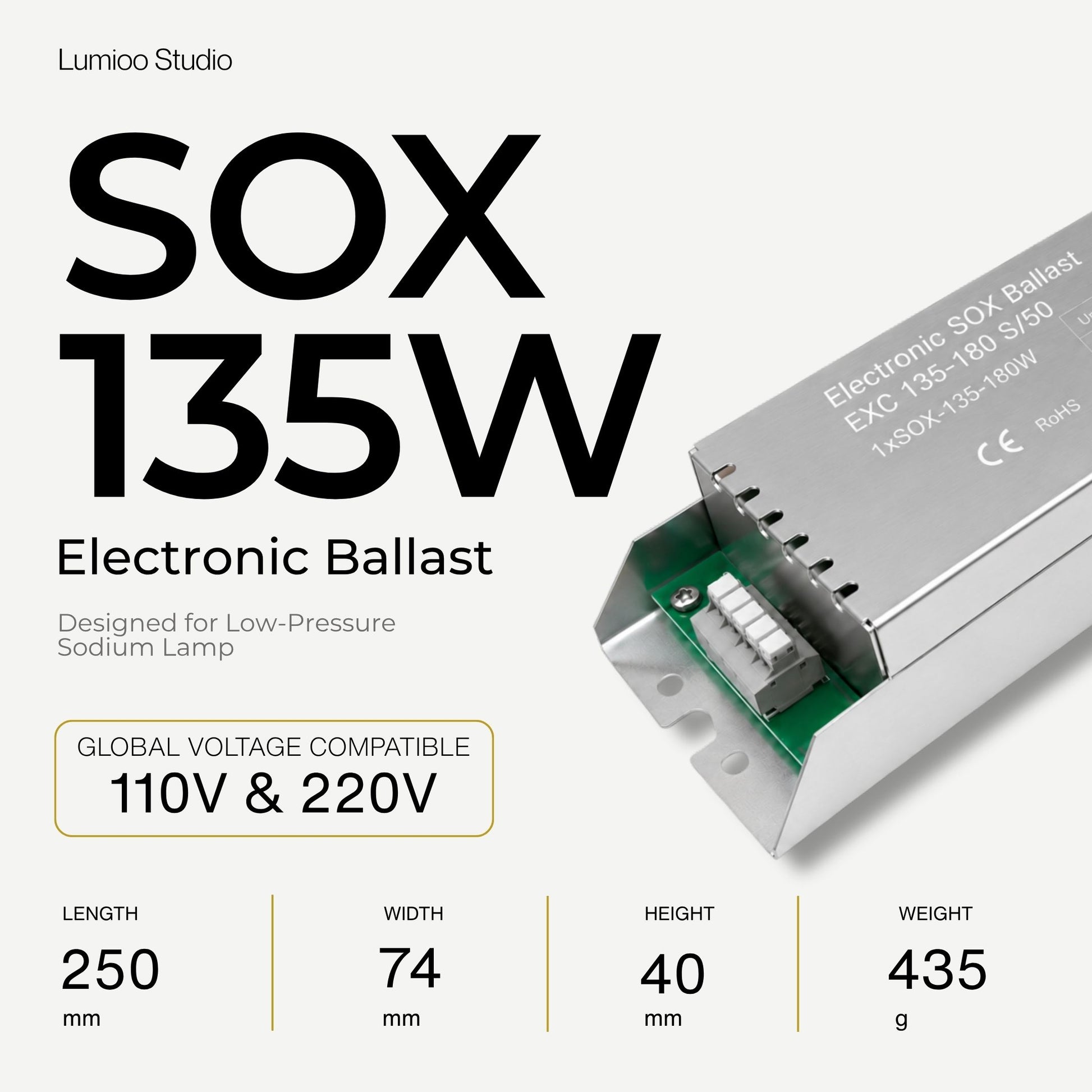 Electronic ballast 135w with specifications on a white background