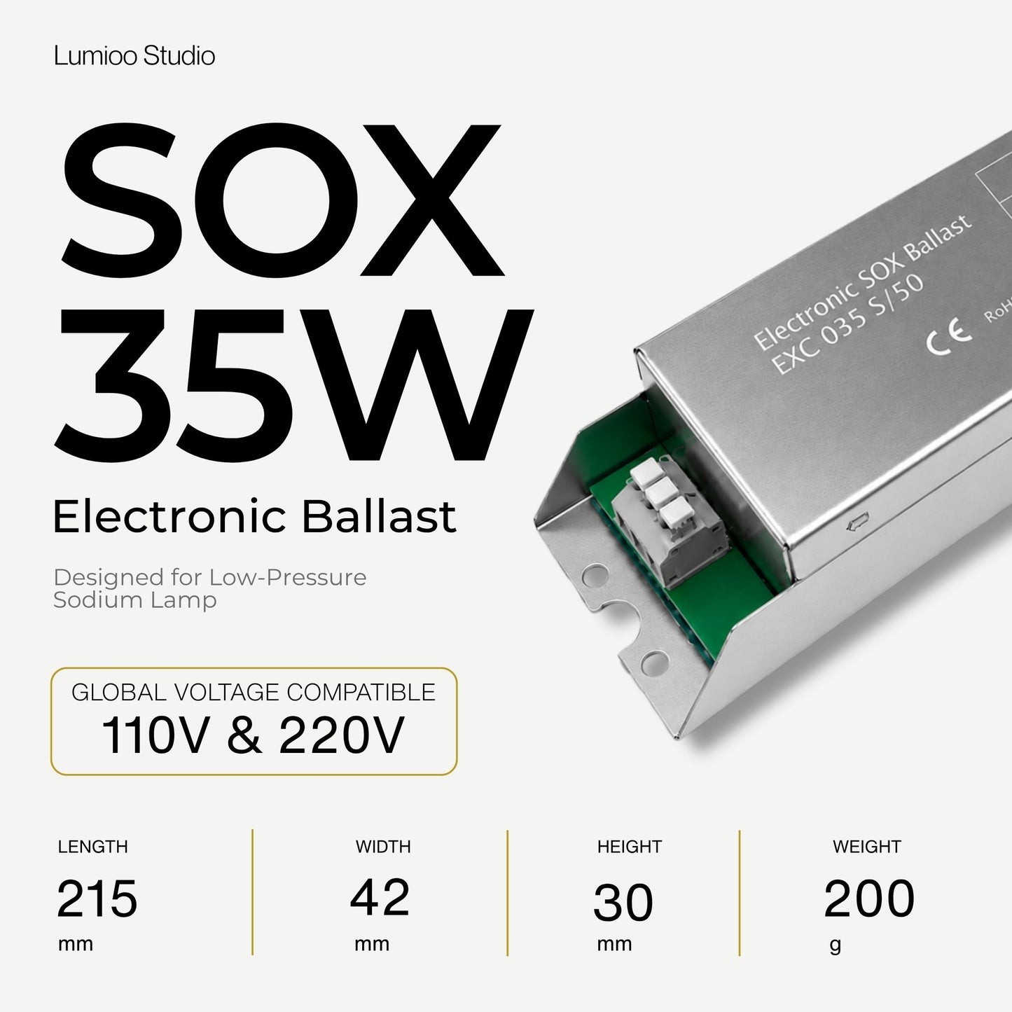 Electronic ballast 35w with specifications on a white background