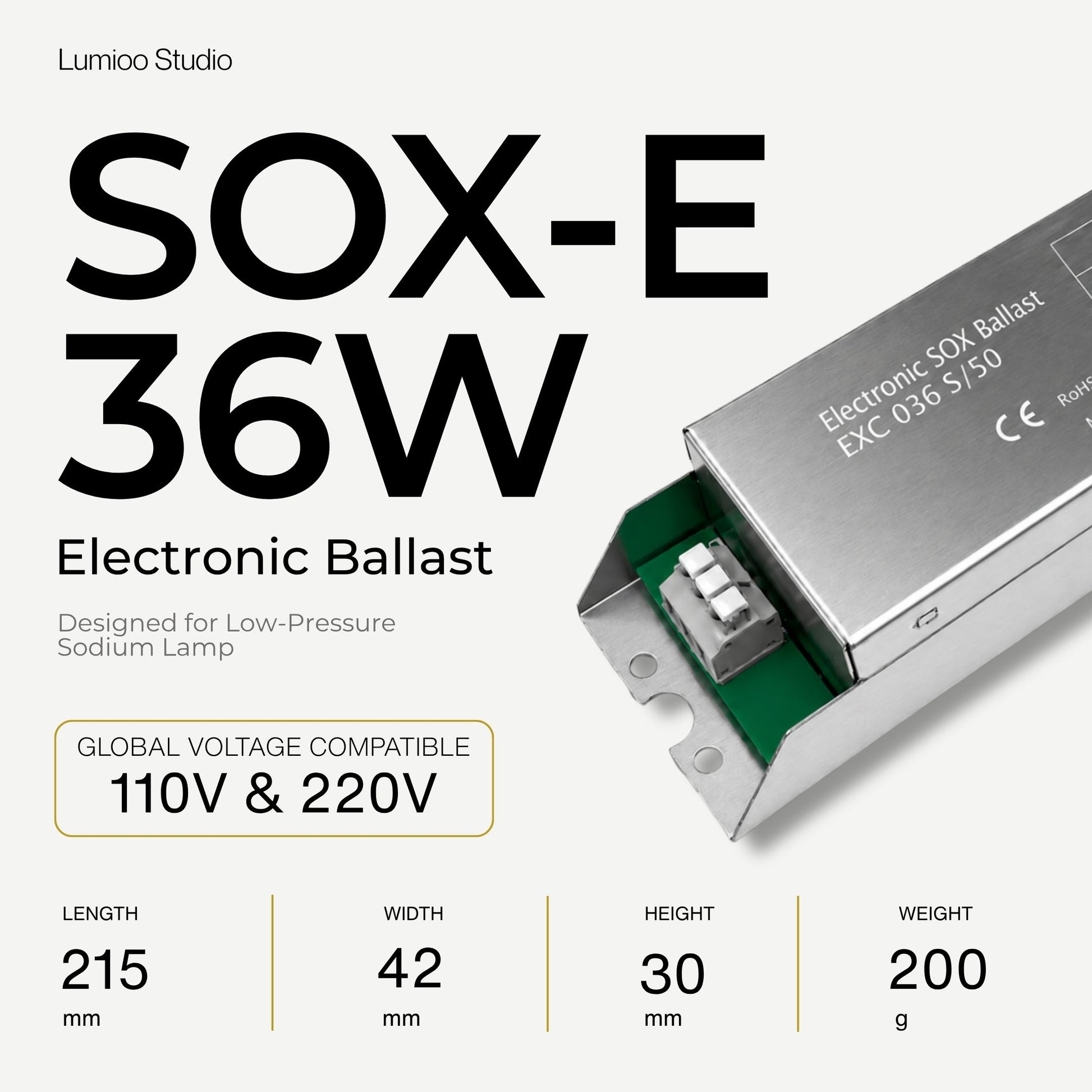 Electronic ballast 36w with specifications on a white background