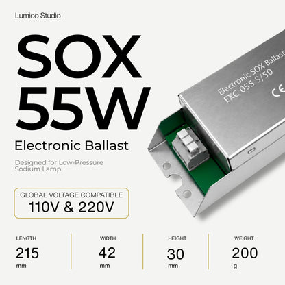 Electronic ballast 55w with specifications on a white background