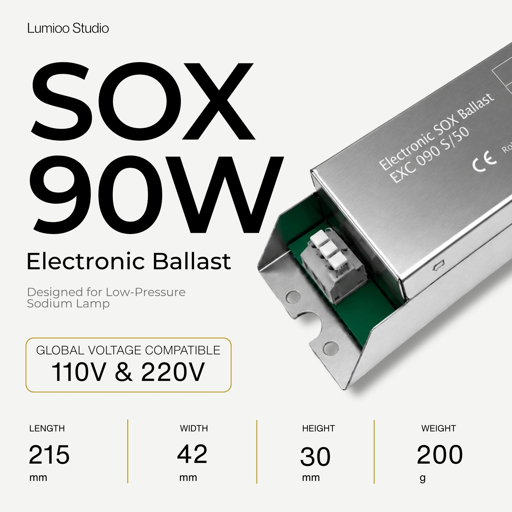 Electronic ballast 90w with specifications on a white background