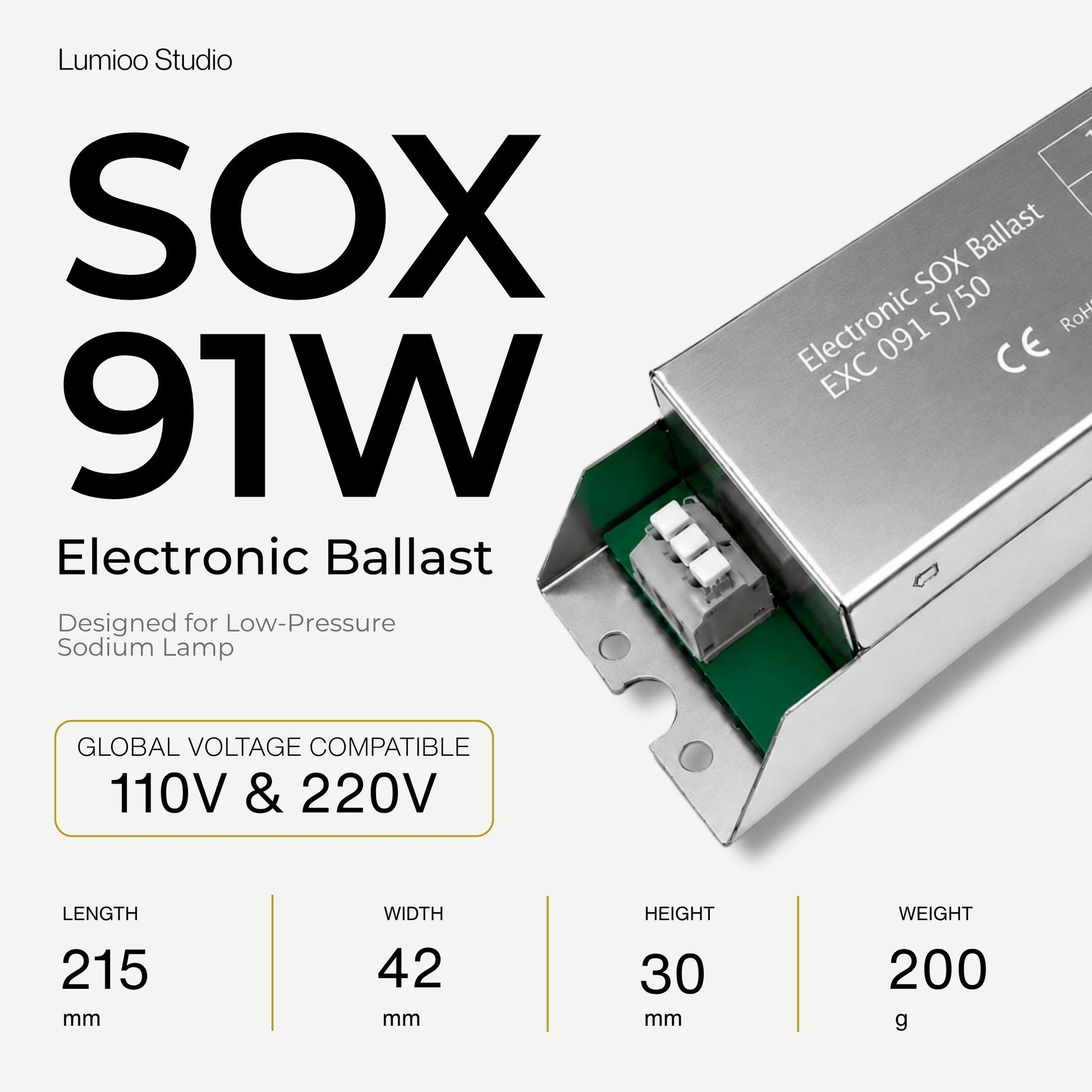 Electronic ballast 91w with specifications on a white background