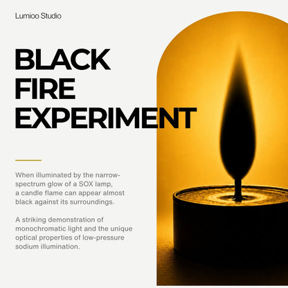Black fire experiment with text explaining the phenomenon, by Lumino Studio.