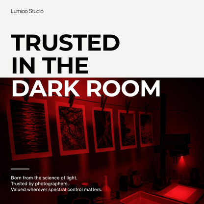 Dark room with framed photographs and text about trusted products from Lumino Studio.