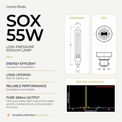 Lumino Studio SOX 55W low-pressure sodium lamp with specifications and spectrum distribution on a white background.
