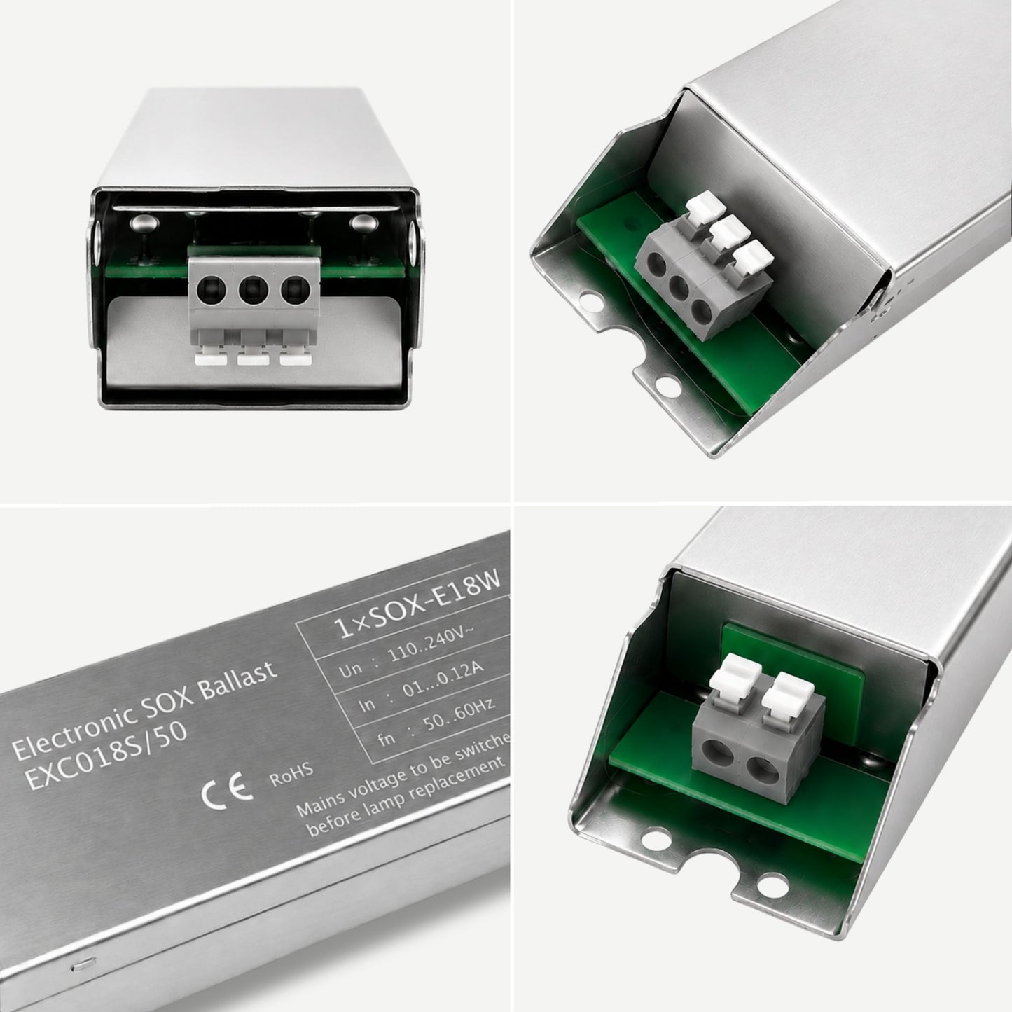 18w Electronic SOX ballast with detailed views of connectors and label on a white background