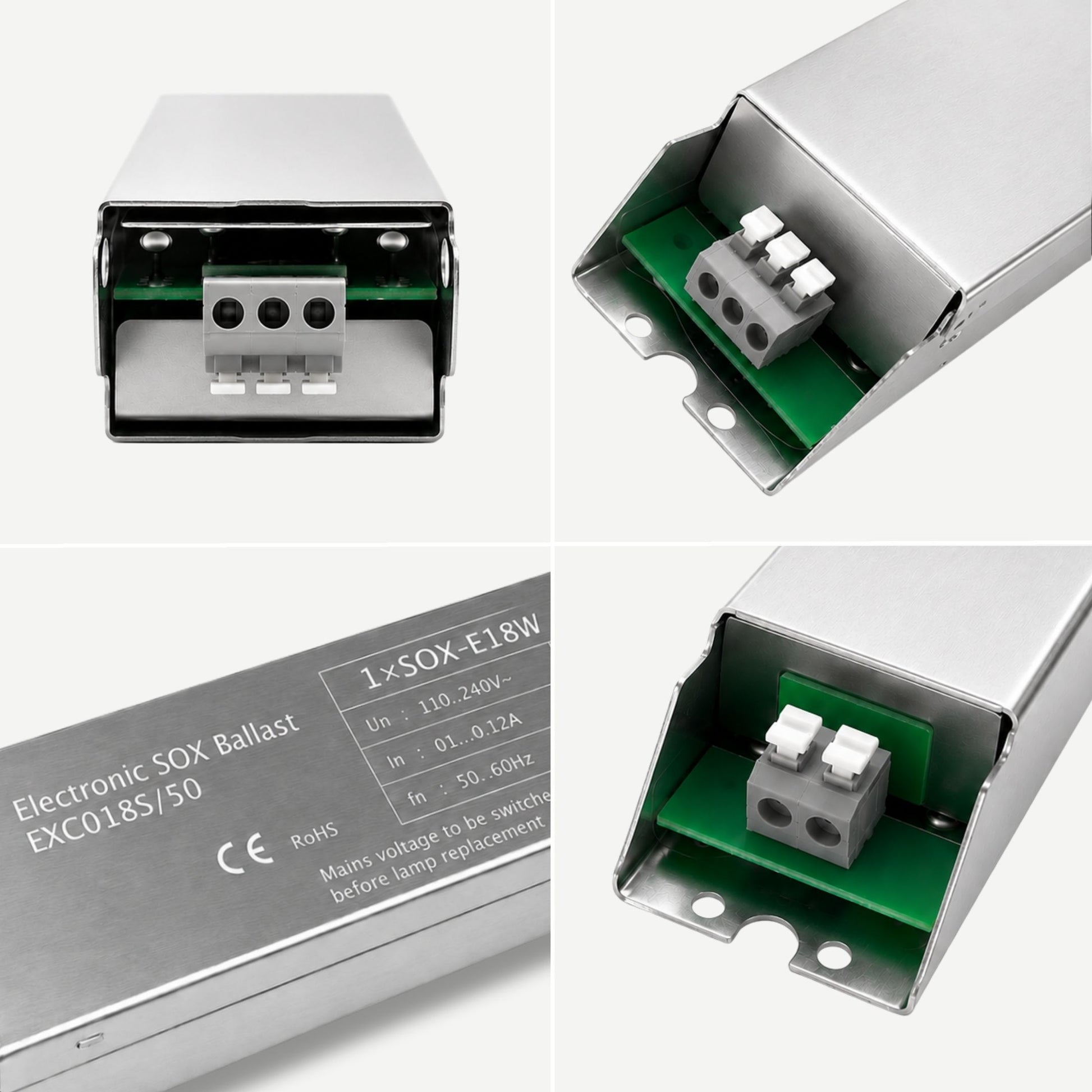 18w Electronic SOX ballast with detailed views of connectors and label on a white background