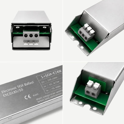 18w Electronic SOX ballast with detailed views of connectors and label on a white background