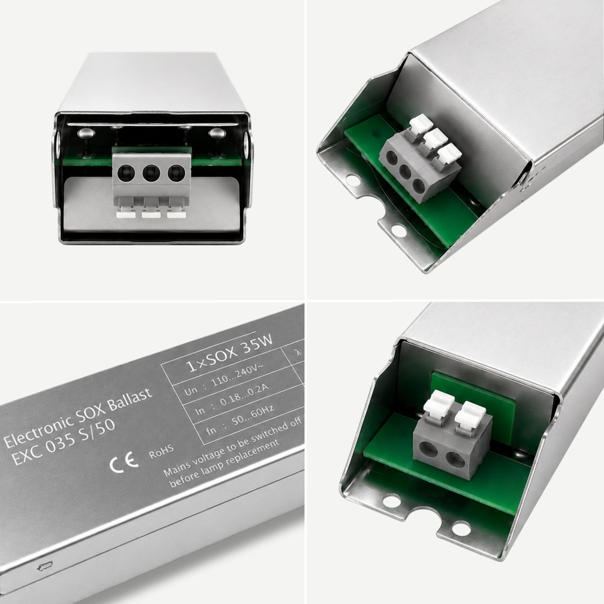 35w Electronic SOX ballast with detailed view of connectors and specifications on a white background