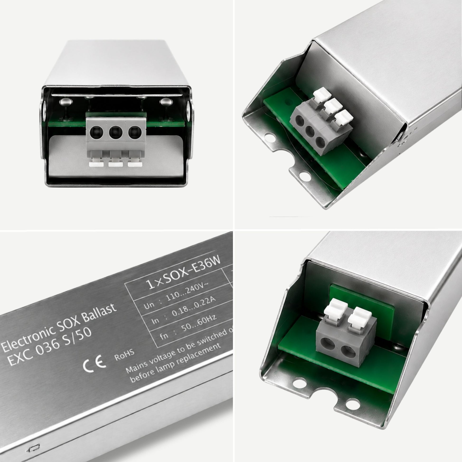 36w Electronic SOX ballast with detailed view of connectors and specifications on a white background