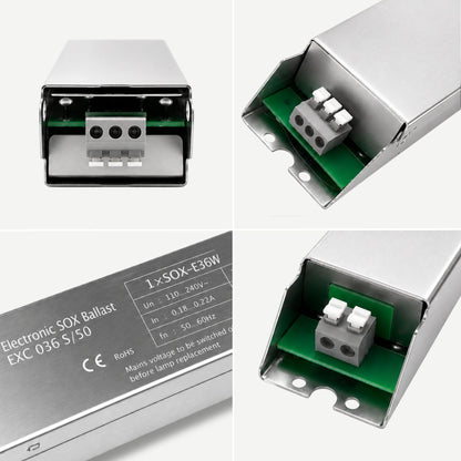 36w Electronic SOX ballast with detailed view of connectors and specifications on a white background