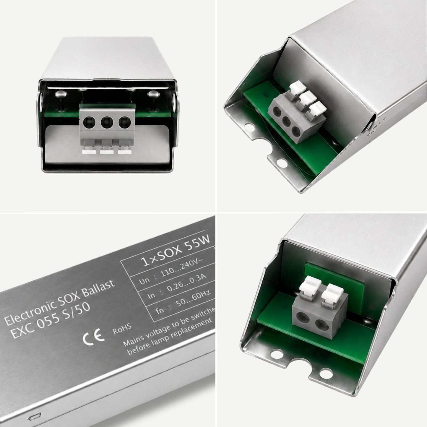 55w Electronic SOX ballast with detailed views of connectors and specifications on a white background