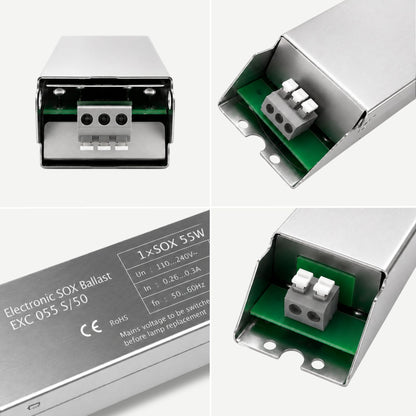 55w Electronic SOX ballast with detailed views of connectors and specifications on a white background