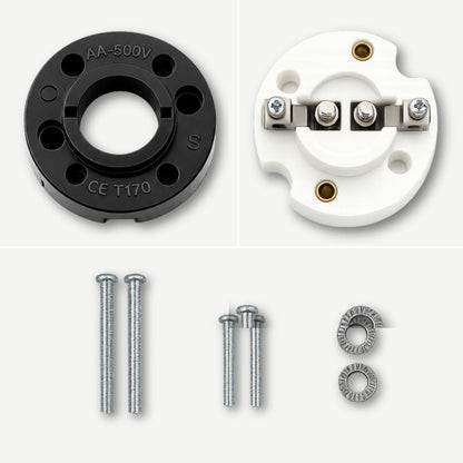 A SOX lamp socket kit showing a black circular connector plate, a white circular connector plate with metal terminals, two silver screws, and two metal washers on a light gray background.