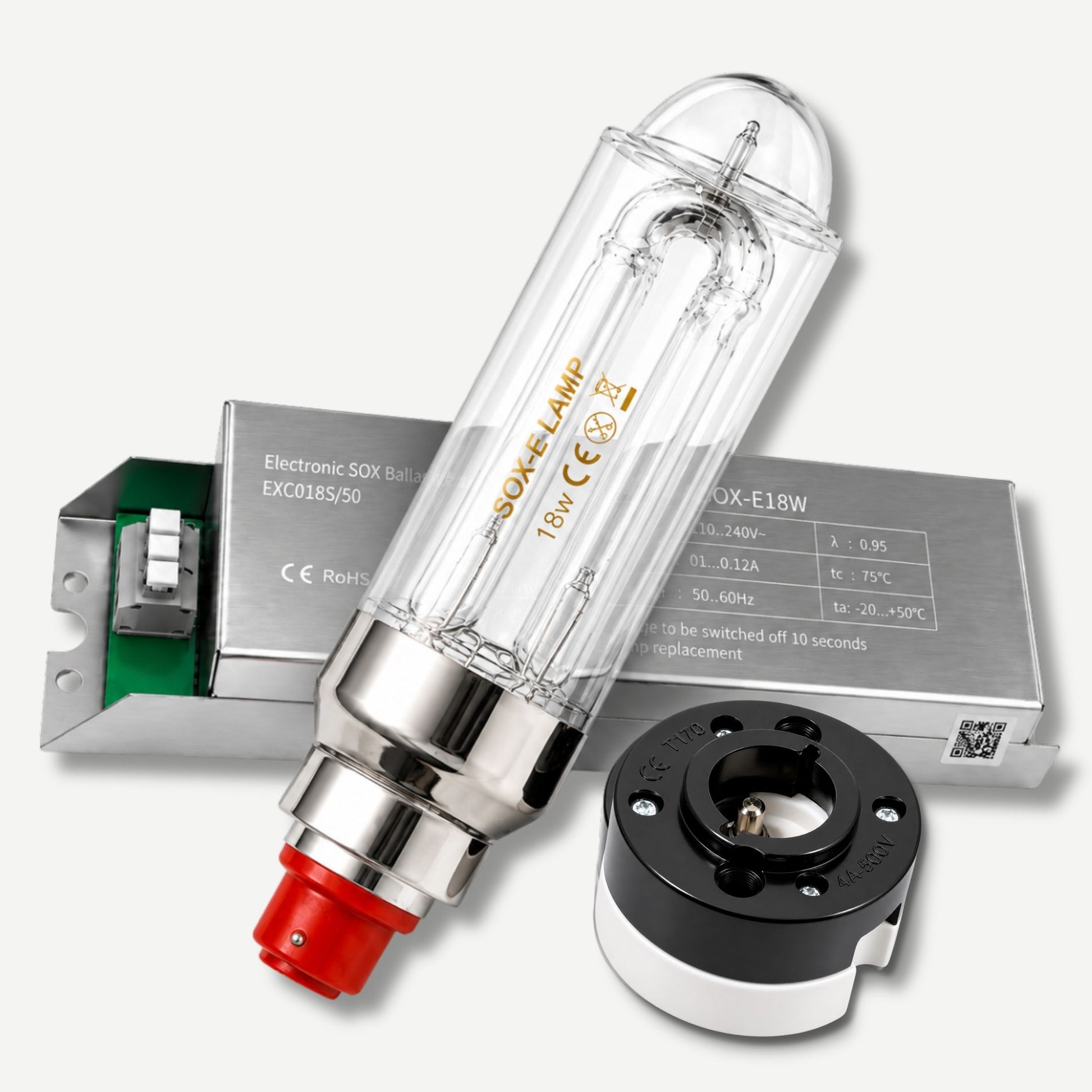 18w Electronic SOX lamp, ballast and lamp socket bundle on a white background