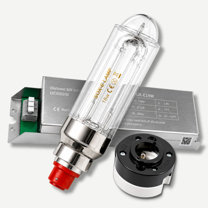 18w Electronic SOX lamp, ballast and lamp socket bundle on a white background