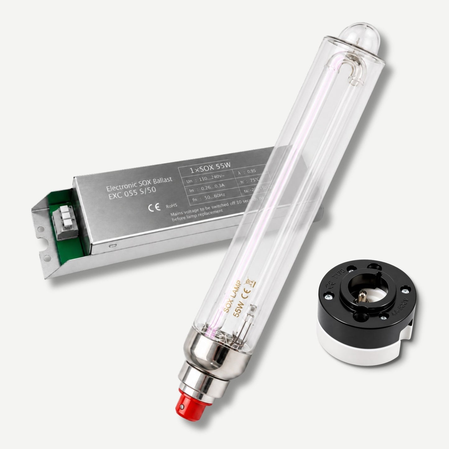 55w Electronic SOX lamp, ballast and lamp socket bundle on a white background