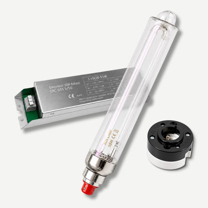 55w Electronic SOX lamp, ballast and lamp socket bundle on a white background