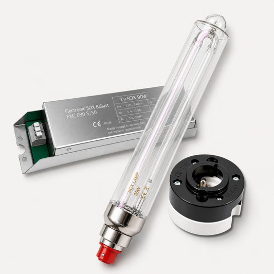 90w Electronic SOX lamp, ballast and lamp socket bundle on a white background