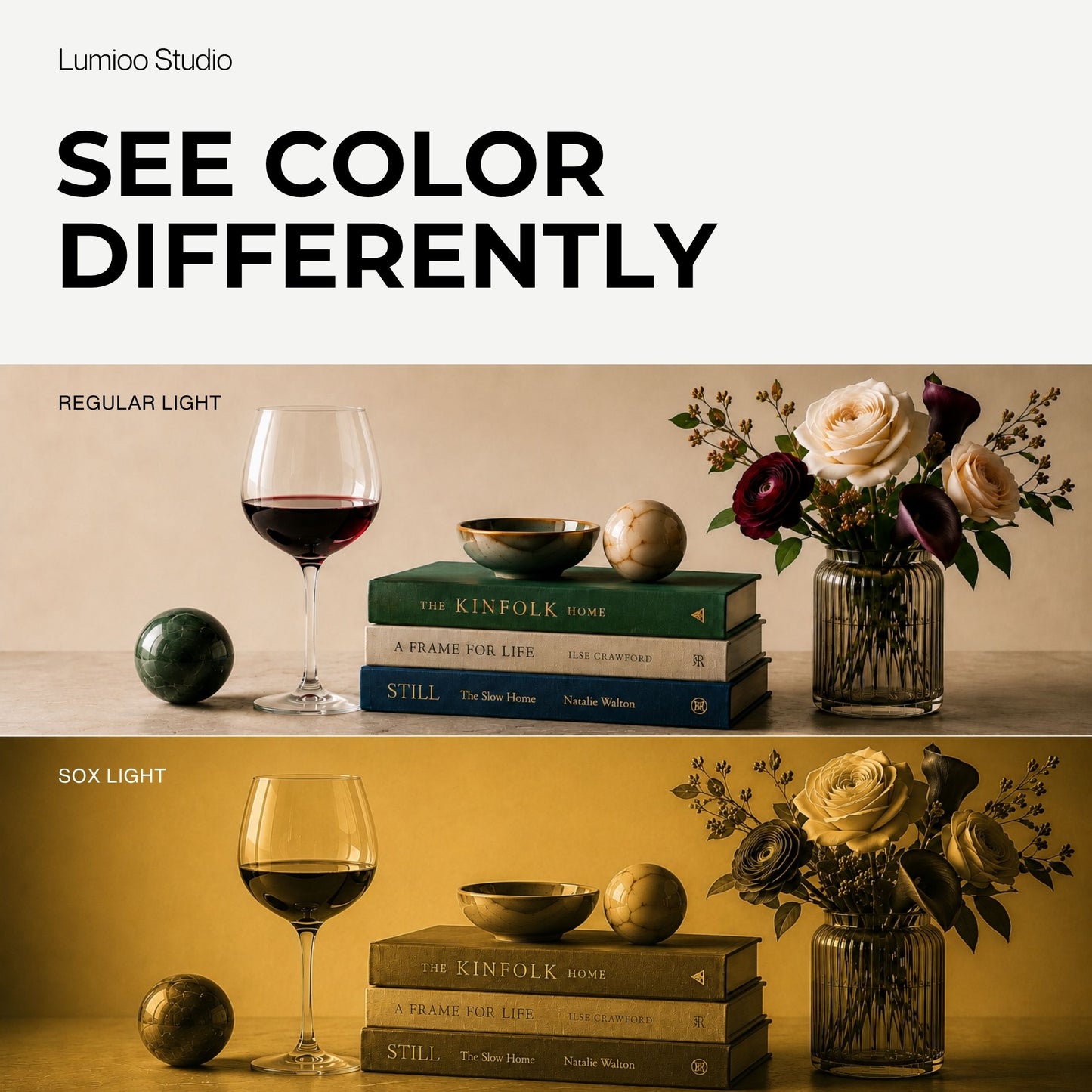 Comparison of lighting effects of regular light and SOX lamp  on a table setting with books, wine glass, and flowers.