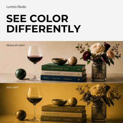 Comparison of lighting effects of regular light and SOX lamp  on a table setting with books, wine glass, and flowers.
