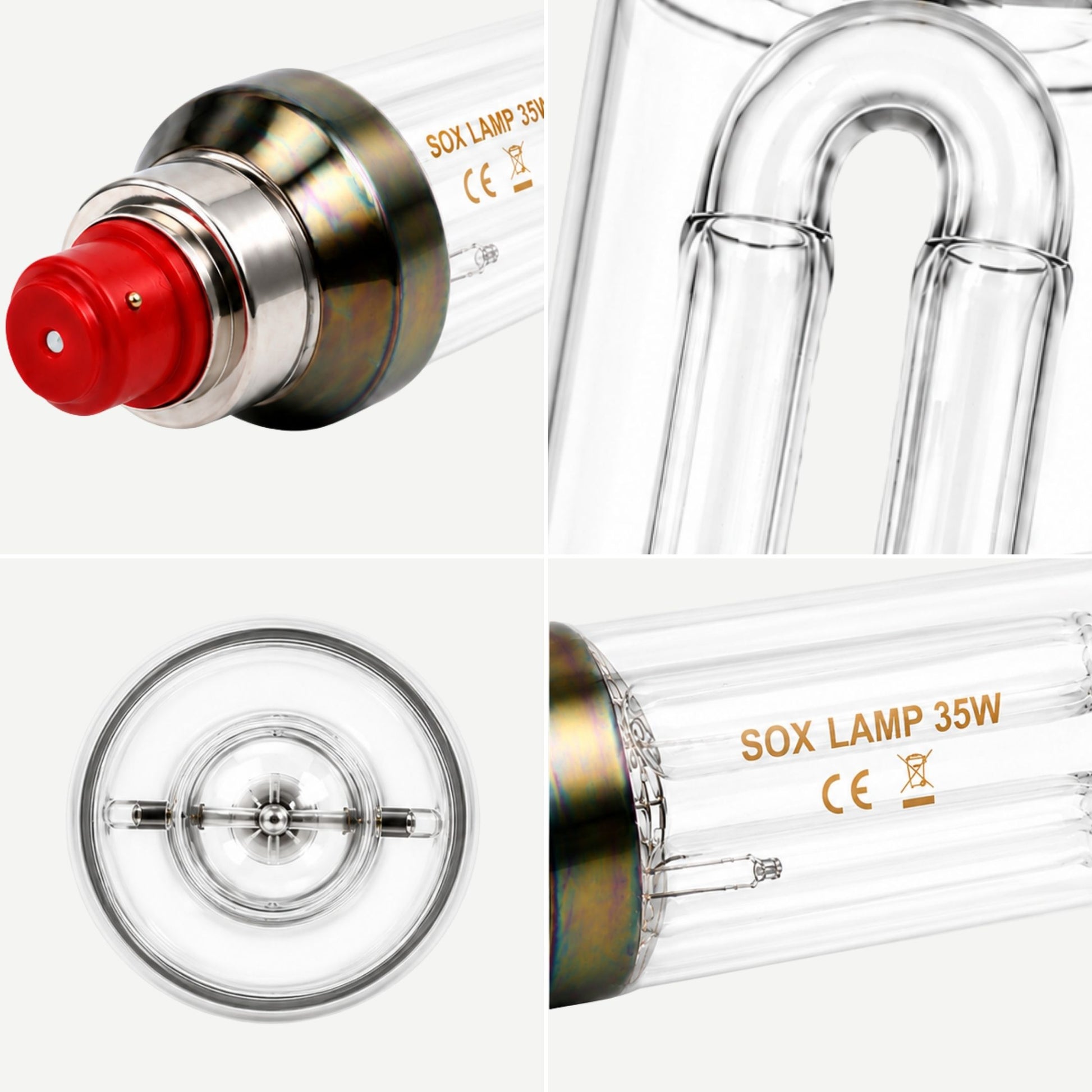 SOX Lamp 35W with red cap and clear glass tube on a white background