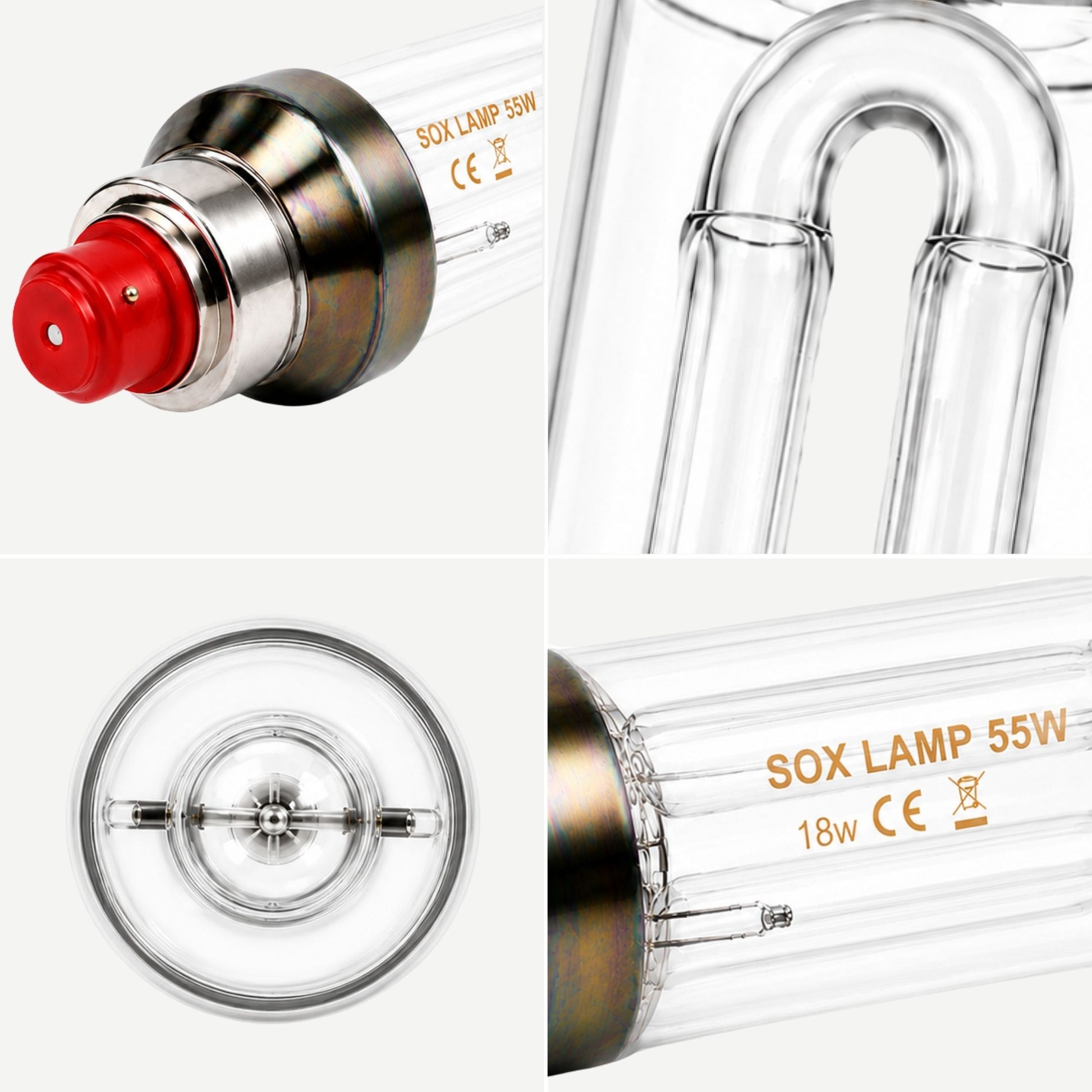 SOX LAMP 55W bulb with red base and clear glass body, shown from different angles.