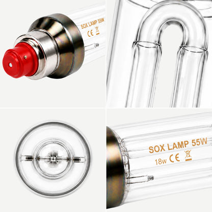 SOX LAMP 55W bulb with red base and clear glass body, shown from different angles.