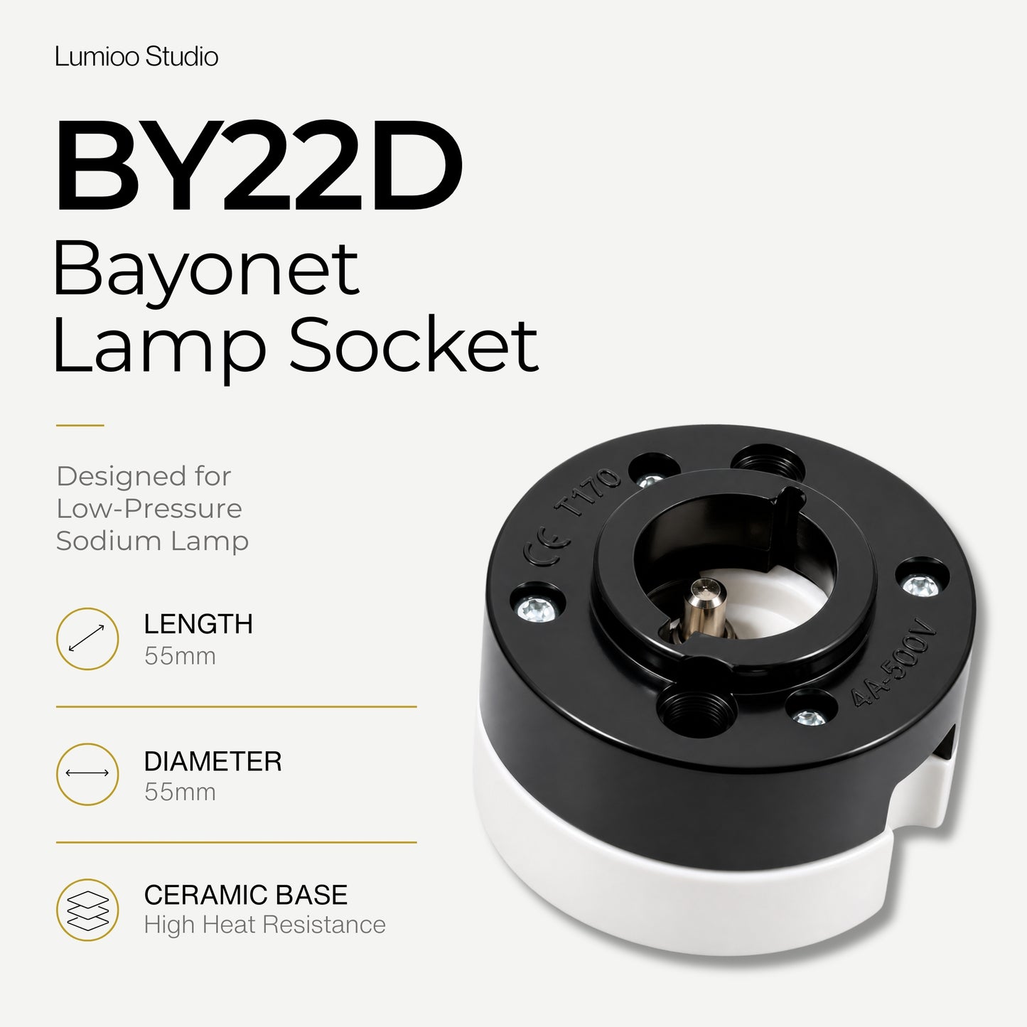 Lumico Studio BY22D Bayonet Lamp Socket on a white background with product details.