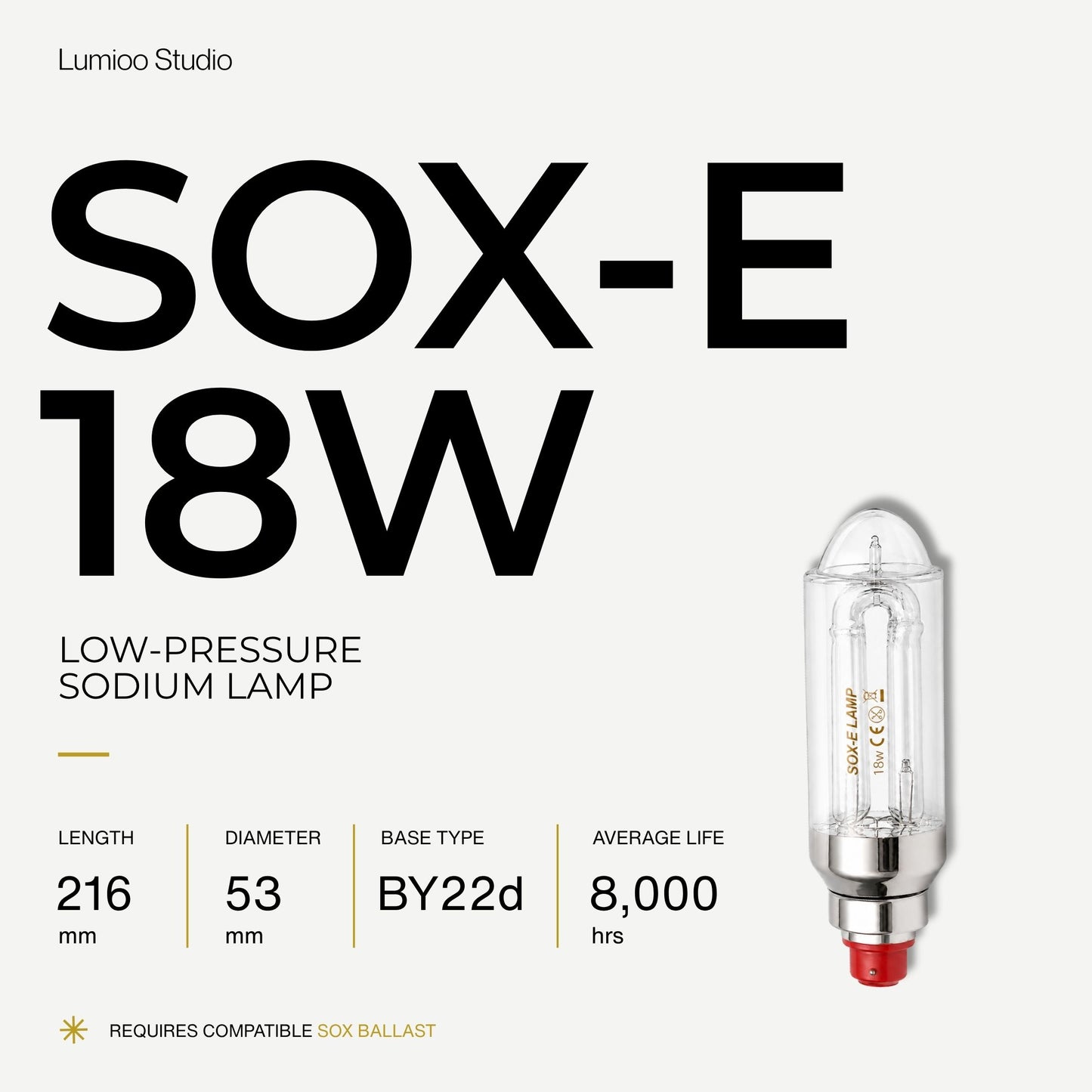 18w Low-pressure sodium lamp with technical specifications on a white background