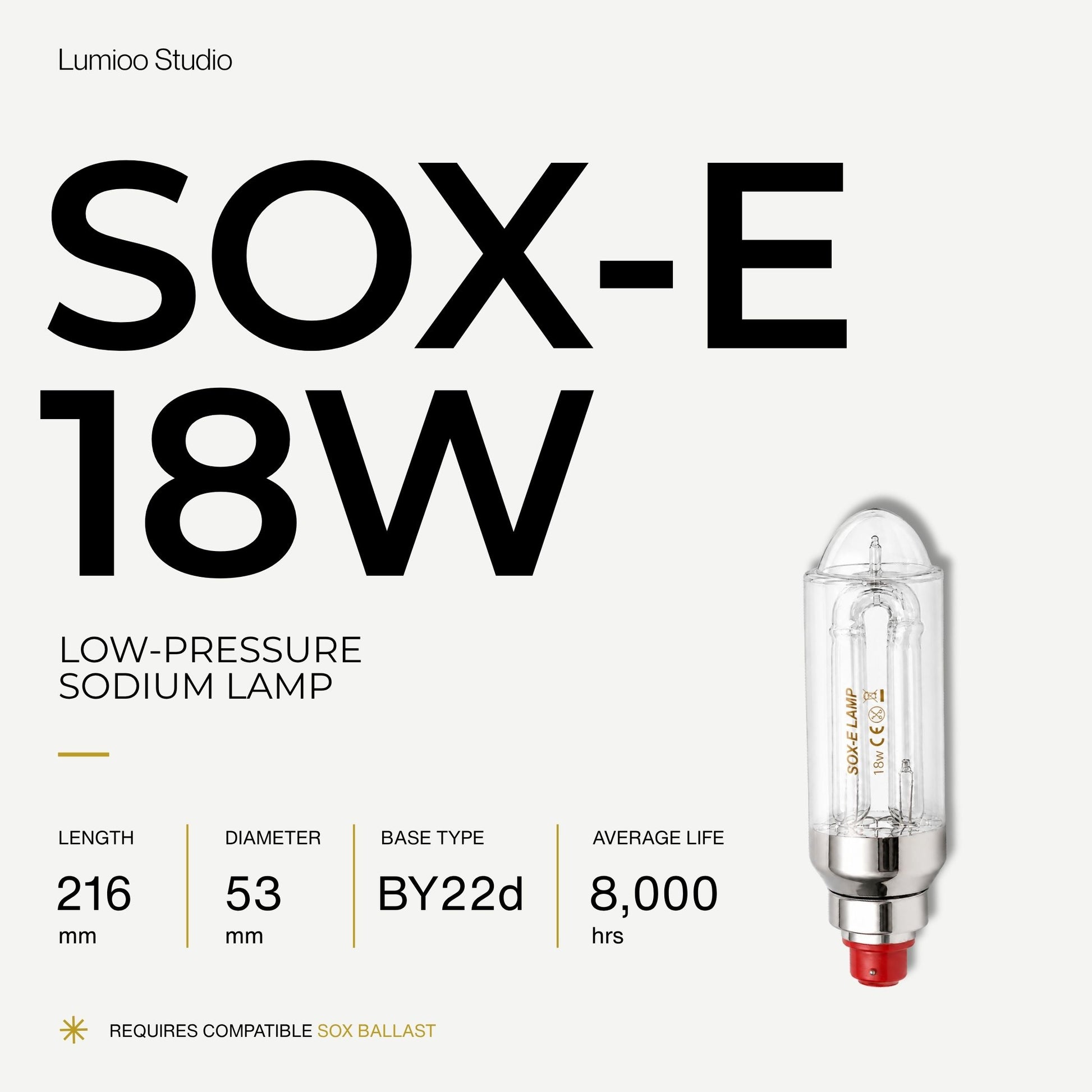 18w Low-pressure sodium lamp with technical specifications on a white background