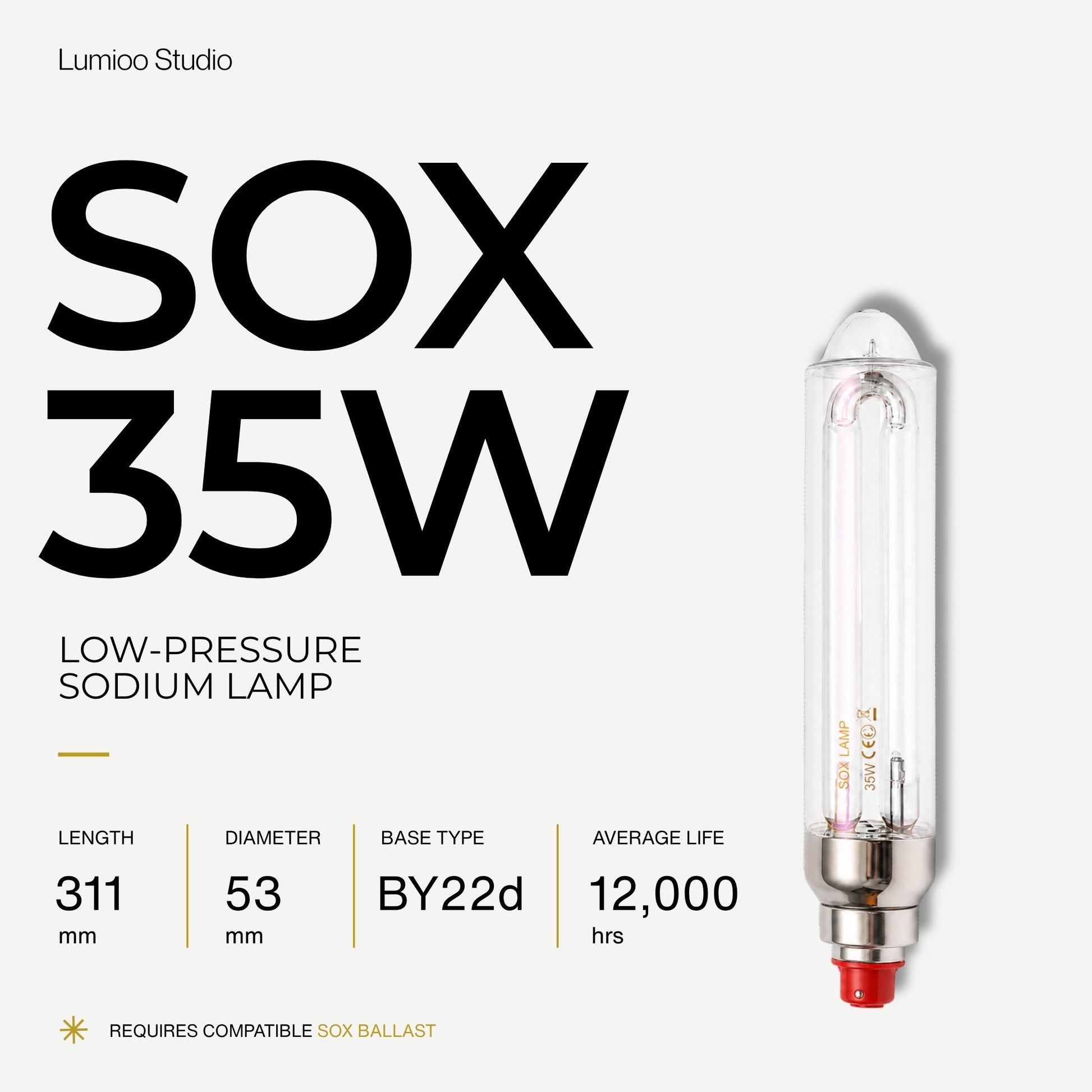 Lumioo Studio Sox 35W low-pressure sodium lamp with specifications on a white background