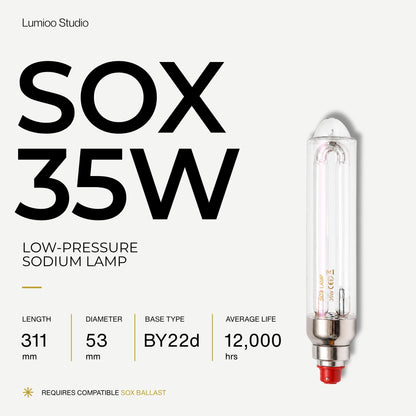 Lumioo Studio Sox 35W low-pressure sodium lamp with specifications on a white background