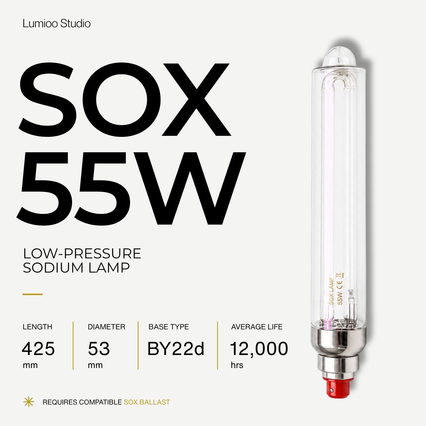 55w Low-pressure sodium lamp with specifications on a white background
