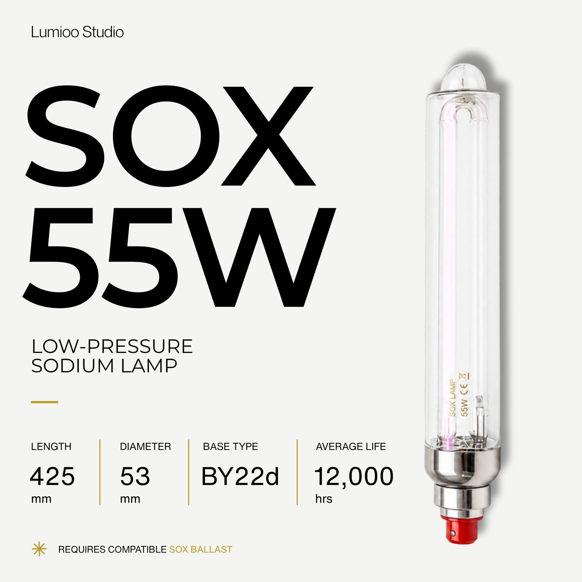 55w Low-pressure sodium lamp with specifications on a white background
