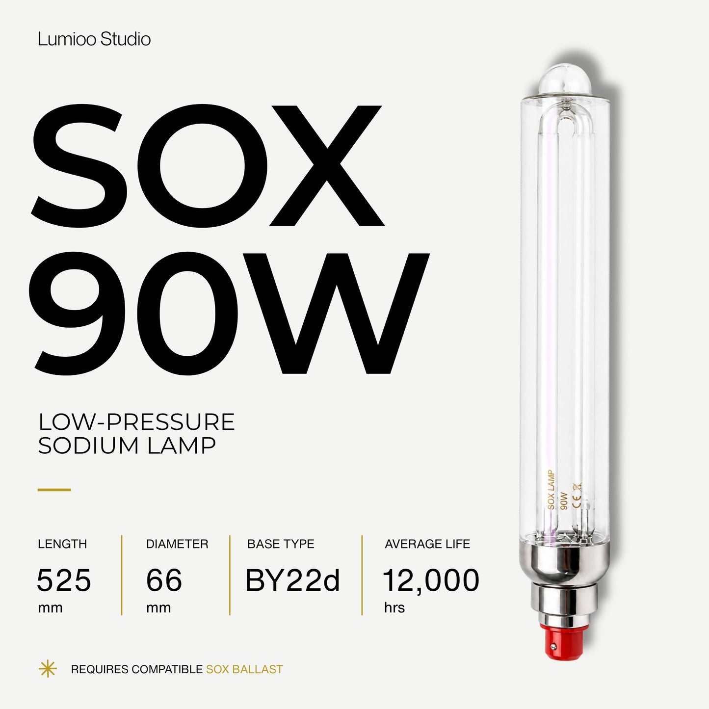 90w Low-pressure sodium lamp with specifications on a white background