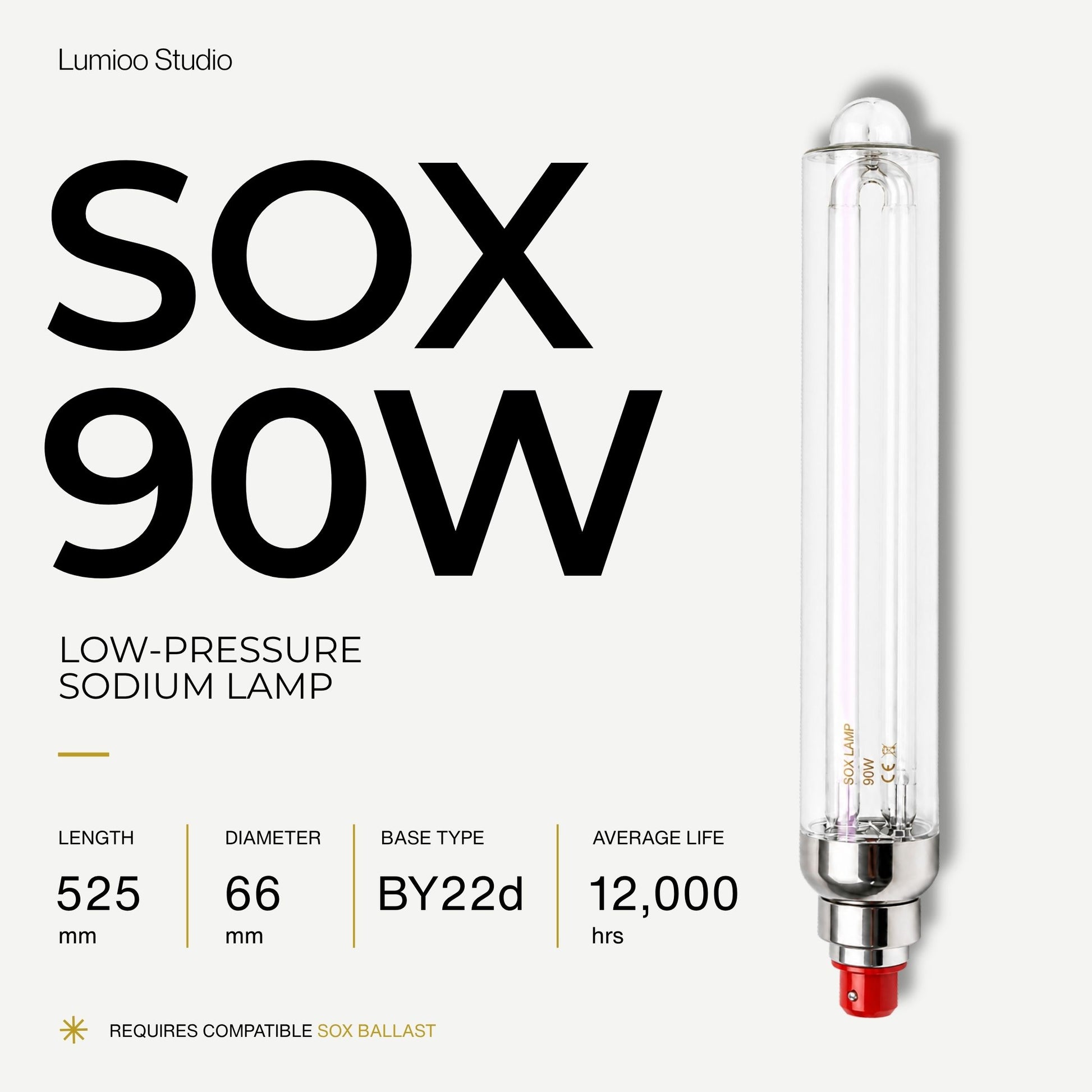 90w Low-pressure sodium lamp with specifications on a white background