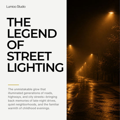 Street scene with streetlights at night, text about the legend of street lighting sox lamp
