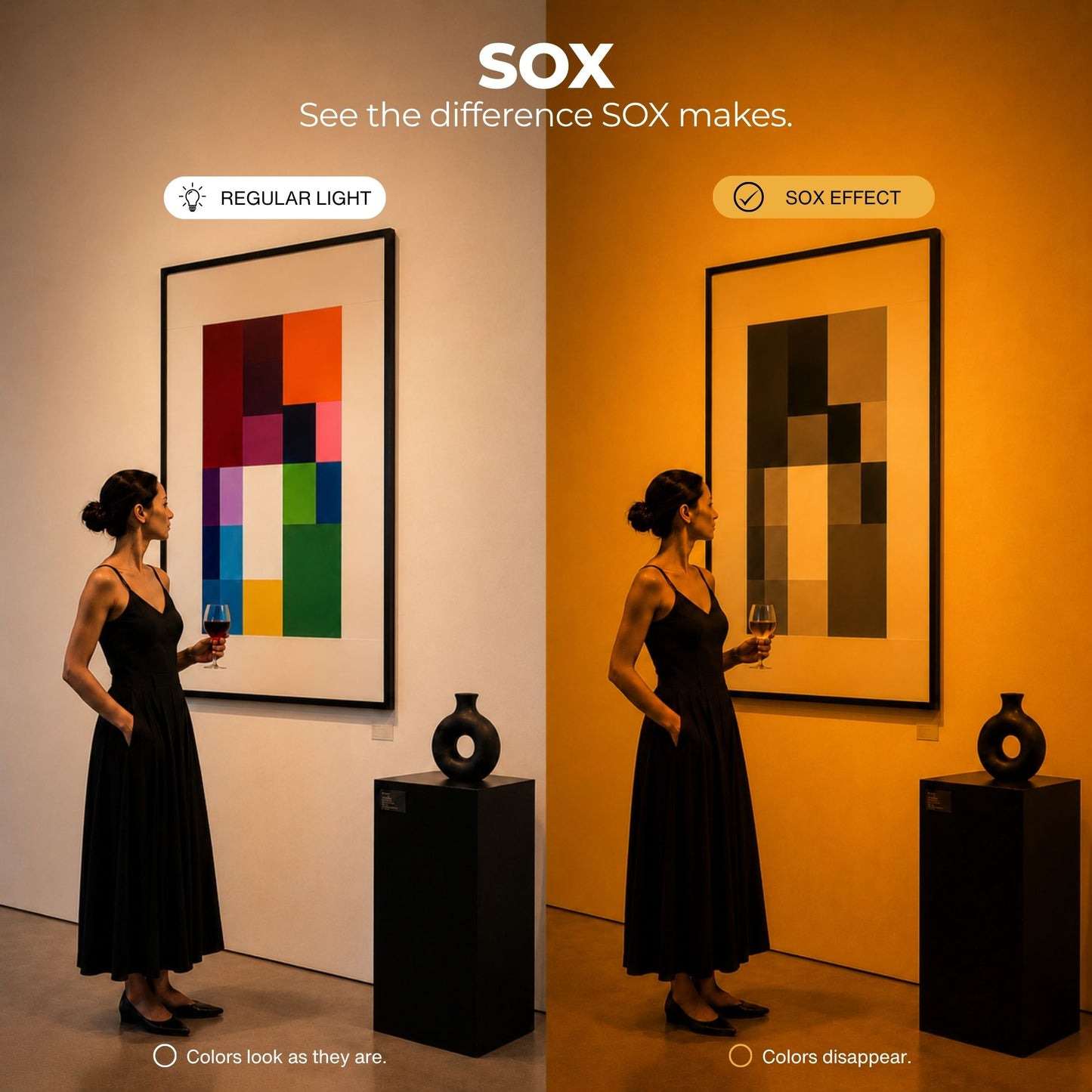 Woman looking at art in a gallery with SOX effect on one side and regular light on the other.