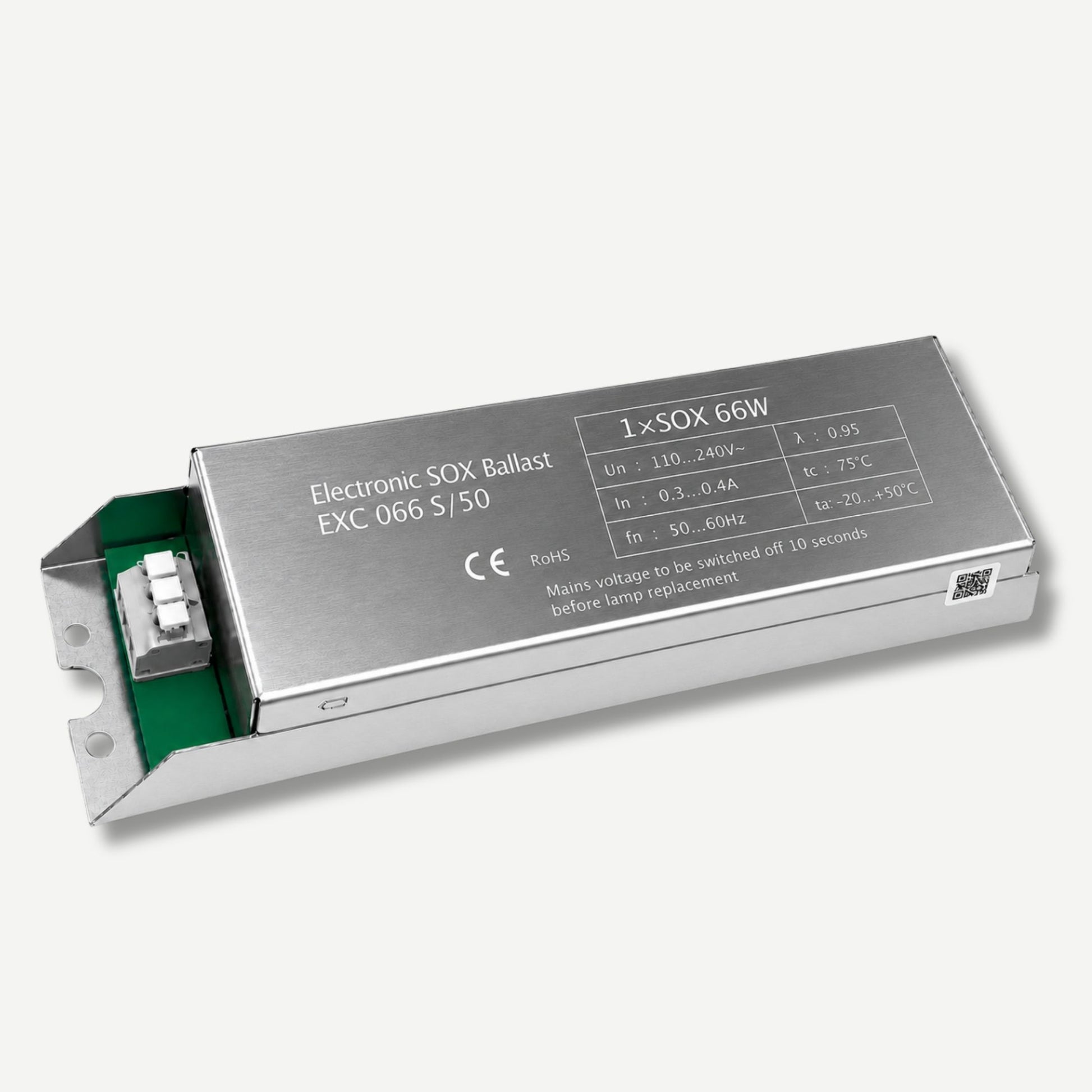 66w Electronic ballast with technical specifications on a white background